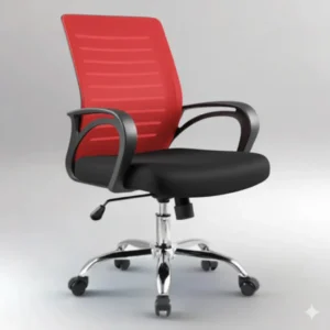 9K mesh Ergonomic office chair with red mesh backrest, adjustable headrest, and white armrests.