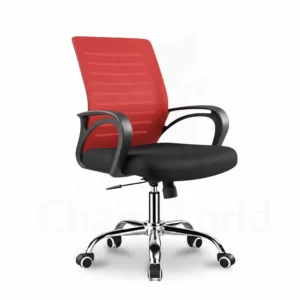 9K mesh Ergonomic office chair with red mesh backrest, adjustable headrest, and white armrests.