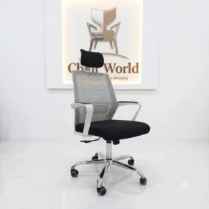 Royal 38 White ergonomic office chair with mesh back, adjustable headrest, lumbar support, and chrome swivel base – ideal for home and office use.