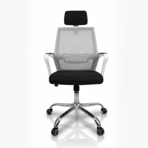 Royal 38 White ergonomic office chair with mesh back, adjustable headrest, lumbar support, and chrome swivel base – ideal for home and office use.