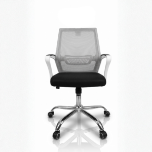 Royal 38 White ergonomic office chair with mesh back, adjustable headrest, lumbar support, and chrome swivel base – ideal for home and office use.